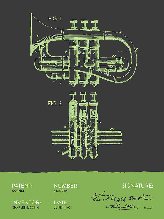 Music Digital Art - Cornet Patent Drawing from 1901 - Gray Green by Aged Pixel