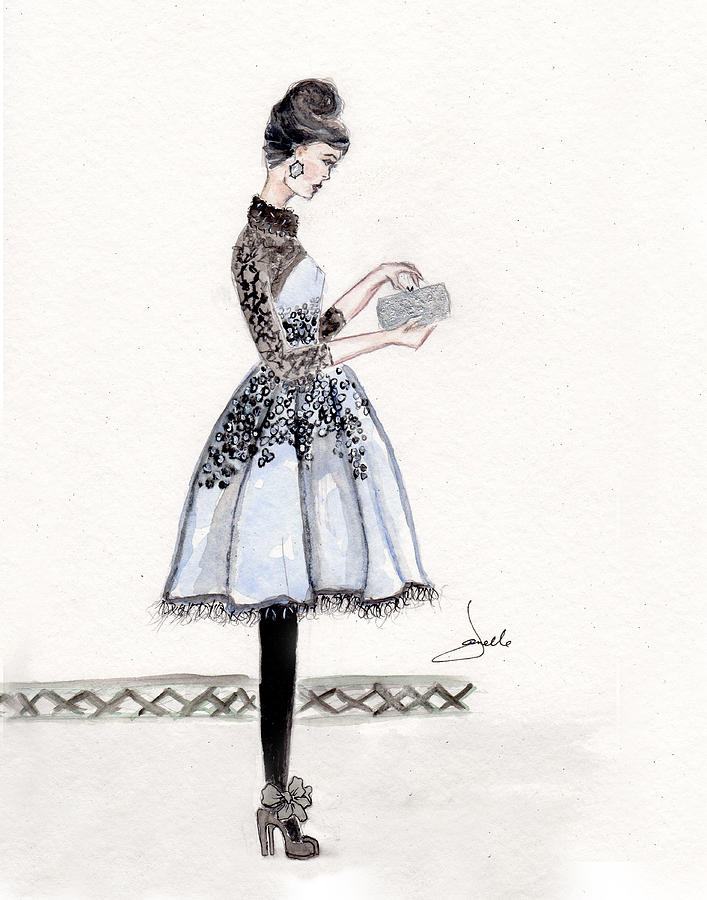 Watercolor Mixed Media - Cornflower Blue Dress Fashion Illustration by Janelle Nichol