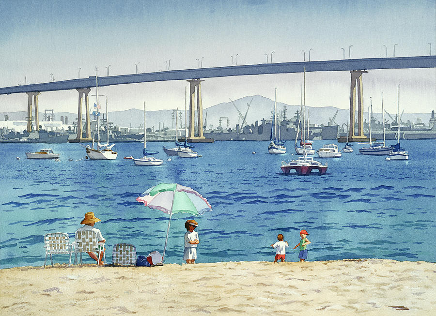 San Diego Painting - Coronado Beach and Navy Ships by Mary Helmreich