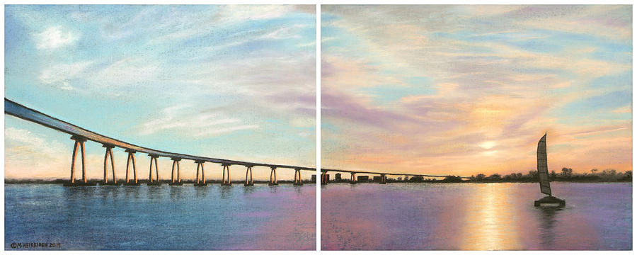 Coronado Bridge Sunset Diptych Pastel by Michael Heikkinen
