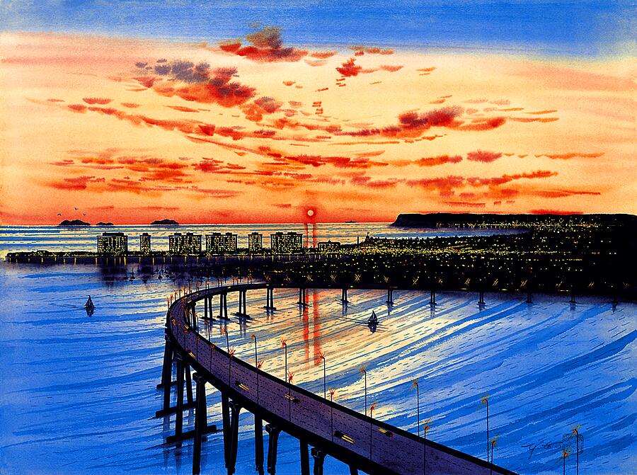 Hotel Del Coronado, Coronado bridge panorama Painting by John YATO