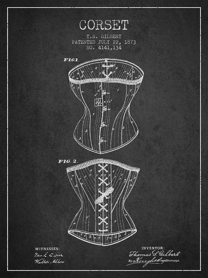 Corset Digital Art - Corset patent from 1873 - Dark by Aged Pixel