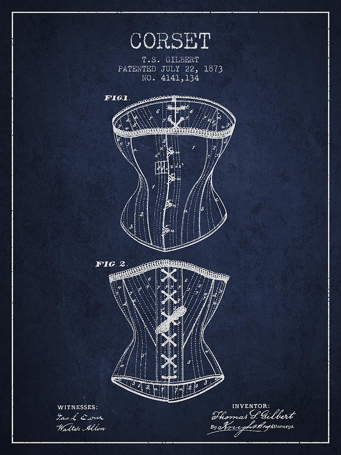 Corset Digital Art - Corset patent from 1873 - Navy Blue by Aged Pixel