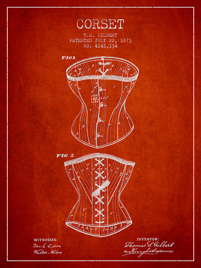 Corset Digital Art - Corset patent from 1873 - Red by Aged Pixel
