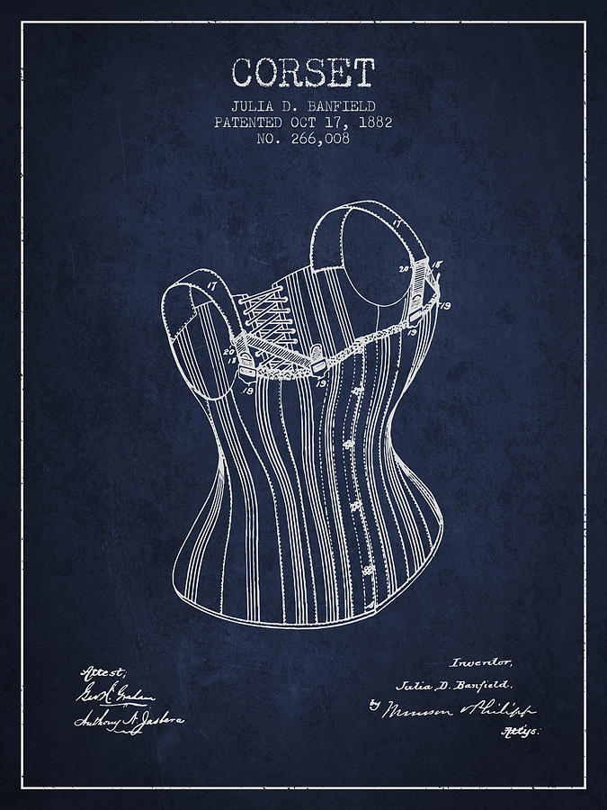 Corset Digital Art - Corset patent from 1882 - Navy Blue by Aged Pixel