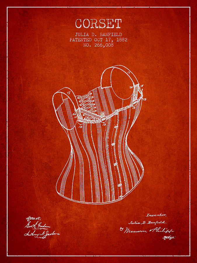 Corset Digital Art - Corset patent from 1882 - Red by Aged Pixel
