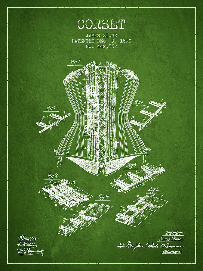 Corset Digital Art - Corset patent from 1890 - Green by Aged Pixel