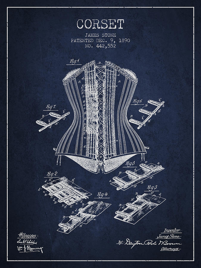 Corset Digital Art - Corset patent from 1890 - Navy Blue by Aged Pixel