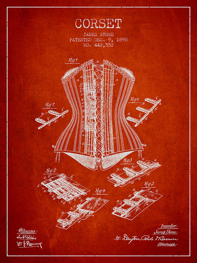 Corset Digital Art - Corset patent from 1890 - Red by Aged Pixel
