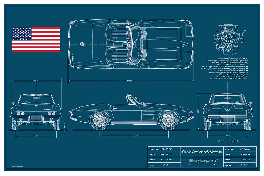 Corvette Sting Ray Digital Art - Corvette Convertible Blueplanprint by Douglas Switzer