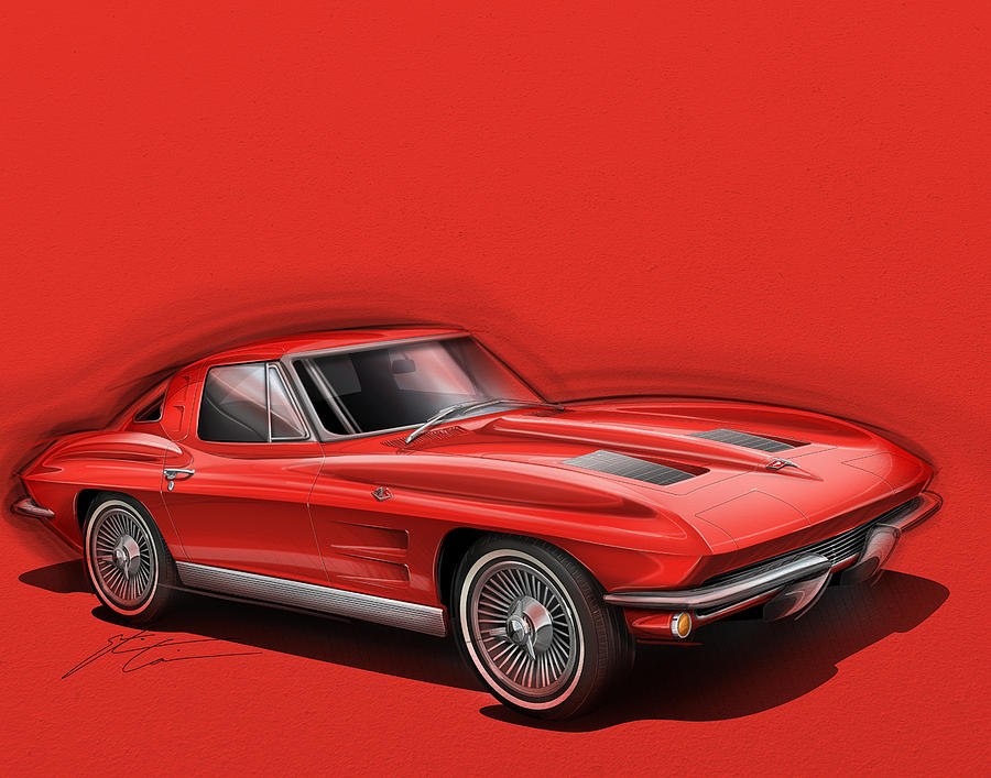 Car Digital Art - Corvette Sting Ray 1963 red by Etienne Carignan
