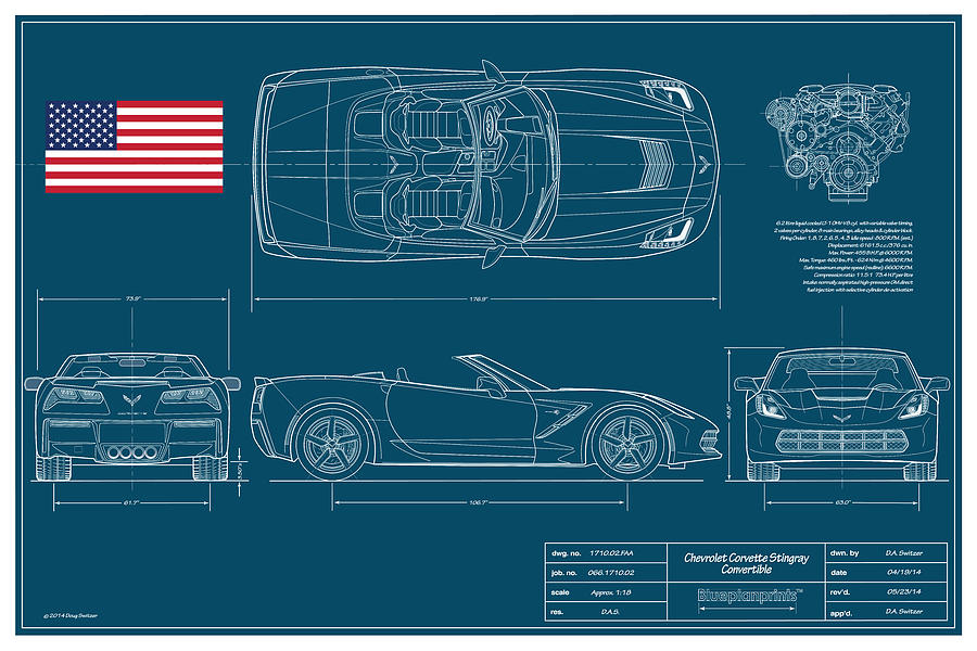 Stingray Digital Art - Corvette Stingray Convertible Blueplanprint by Douglas Switzer