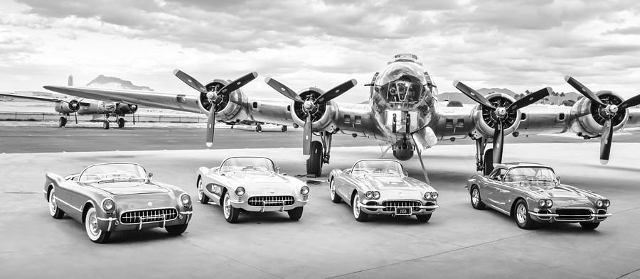 Corvettes and B17 Bomber -0027bw2 Photograph by Jill Reger