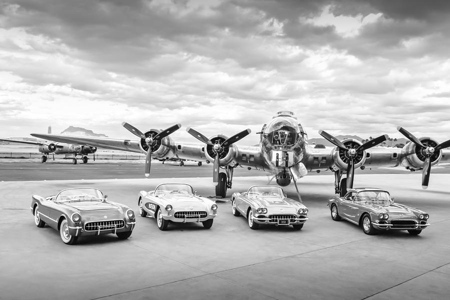 Corvettes and B17 Bomber -0027bw45 Photograph by Jill Reger