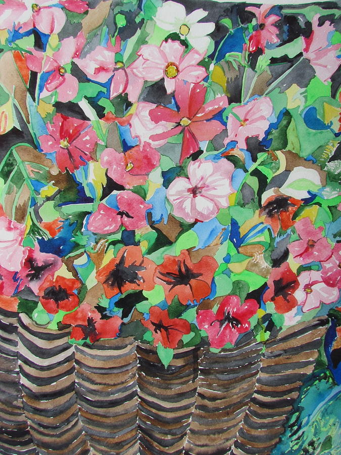 Cosmos and Petunias in a Wicker Basket Painting by Esther Newman-Cohen