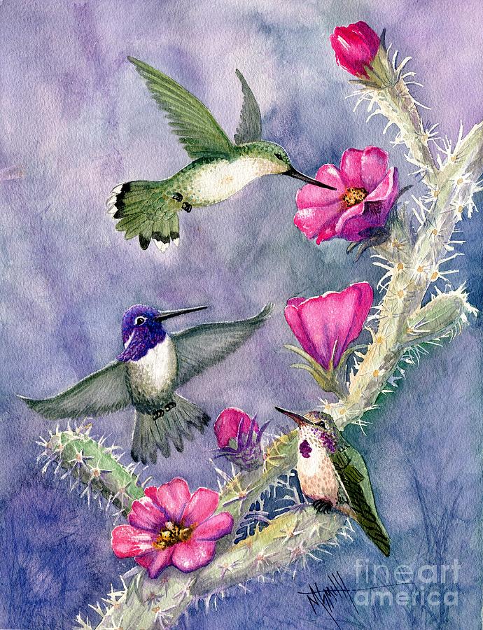 Costa Hummingbird Family Painting by Marilyn Smith