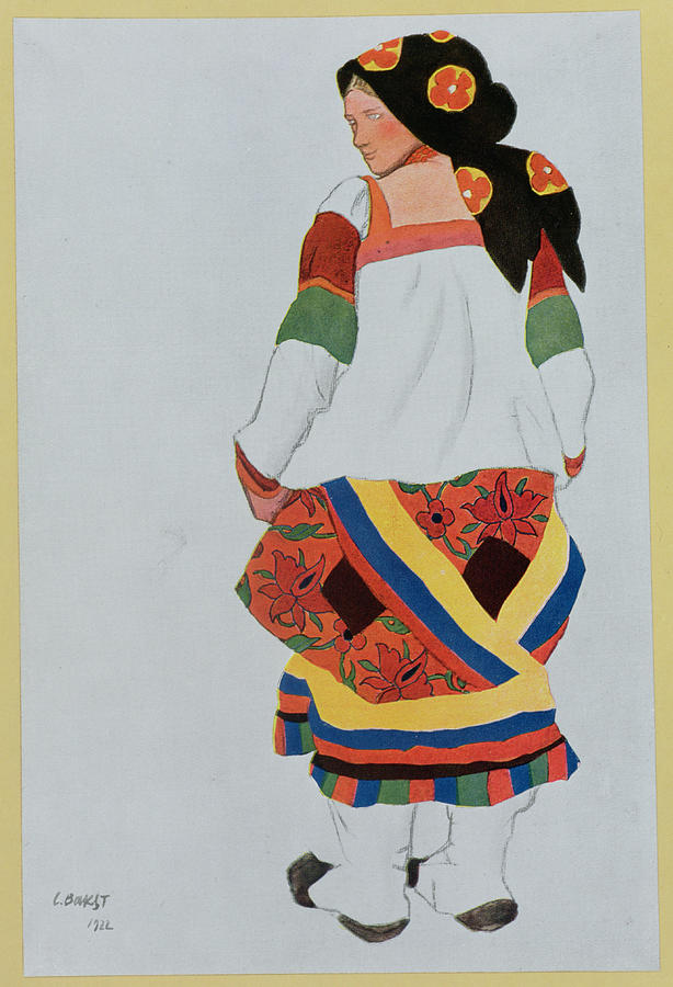 Traditional Costume Drawing - Costume Design For A Peasant Girl, 1922 by Leon Bakst