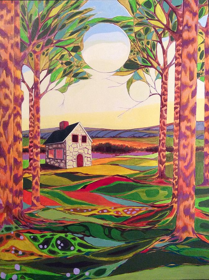 Cottage in the Woods Summer Painting by Karen Williams-Brusubardis