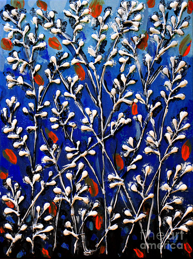 Cotton Flowers with Blue Background and Orange Accents Painting by Cynthia Snyder