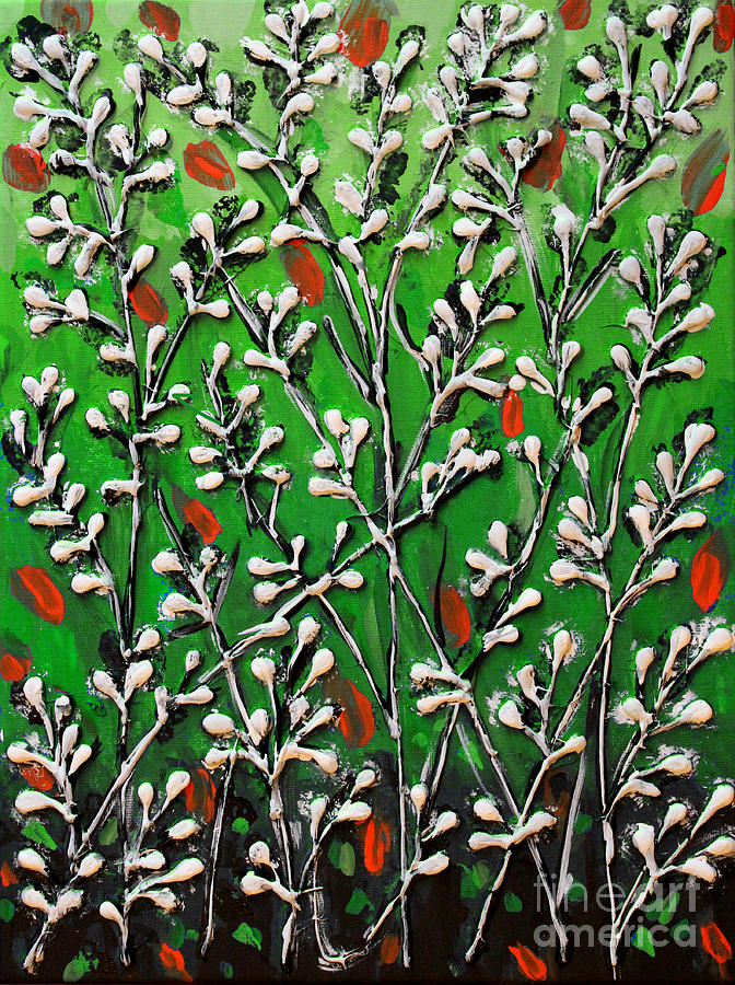 Cotton Flowers with Green Background and Orange Accents Digital Art by Cynthia Snyder