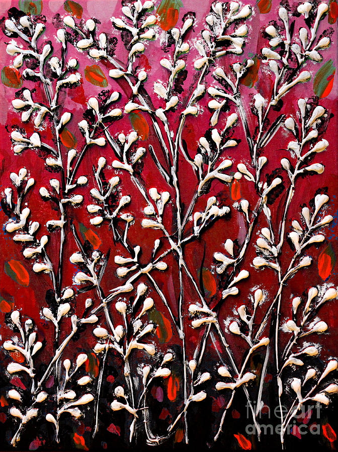 Cotton Flowers with Red Background and Orange Accents Painting by Cynthia Snyder