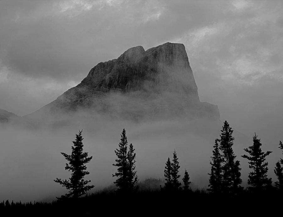 1M3928-A1-Clouds surround Roche Miette BW Photograph by Ed  Cooper Photography