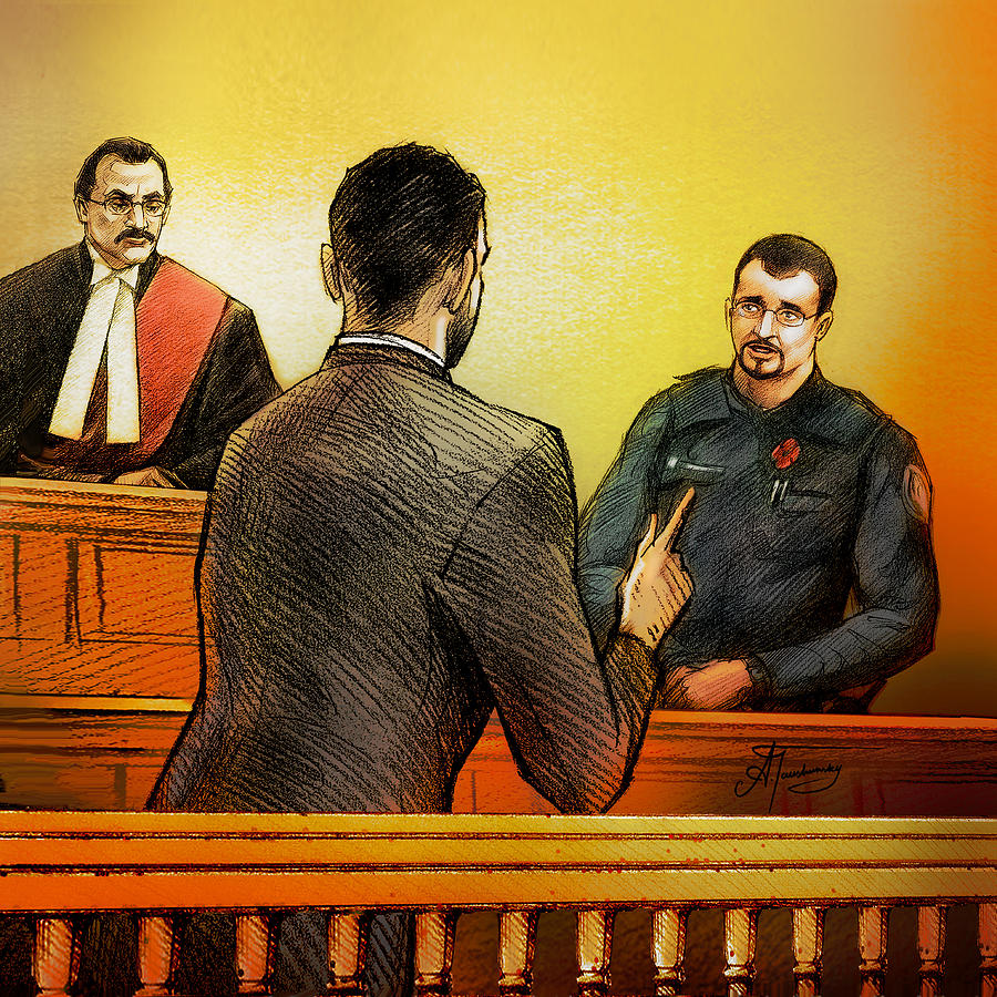 Counsel Harval Bassi questions a witness Painting by Alex Tavshunsky