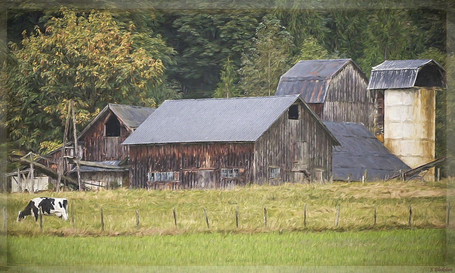 Rustic Old Barns with Cow in the Pasture - Country Art Painting by Jordan Blackstone