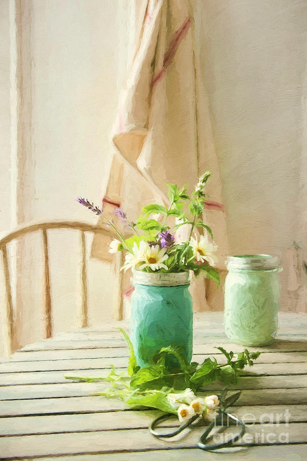 Country kitchen with wild flowers in jar/ digital painting Photograph by Sandra Cunningham