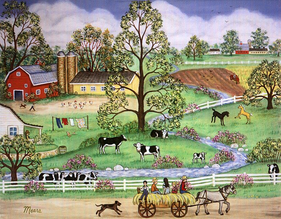 Folk Art Landscape Painting - Country Scene by Linda Mears