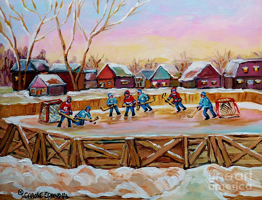 Country Scene Painting Outdoor Hockey Rink Canadian Landscape Winter Art Carole Spandau Painting by Carole Spandau