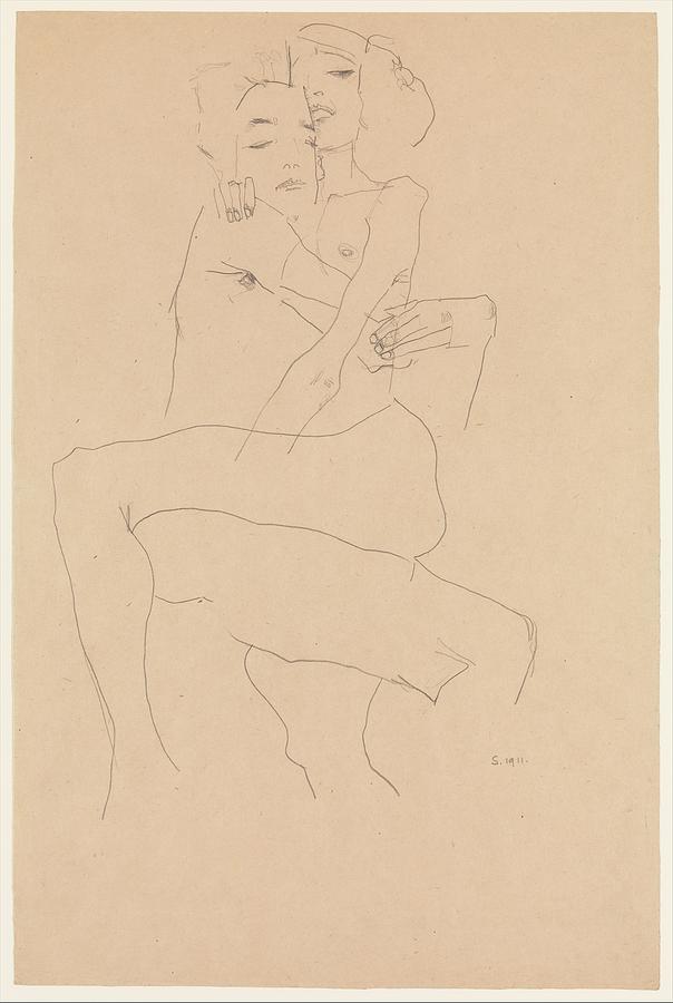 Egon Schiele Drawing - Couple Embracing by Egon Schiele