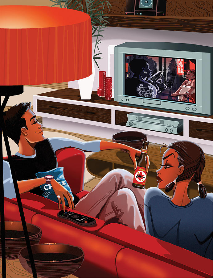 Couple Relaxing on a Sofa in Front of the Television Drawing by Gavin Reece