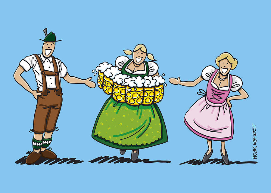 Munich Movie Drawing - Couple Welcomes Oktoberfest Beer Waitress by Frank Ramspott