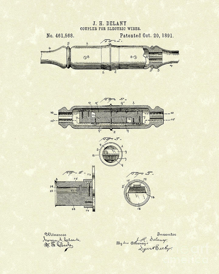 Delaney Drawing - Coupler 1891 Patent Art by Prior Art Design