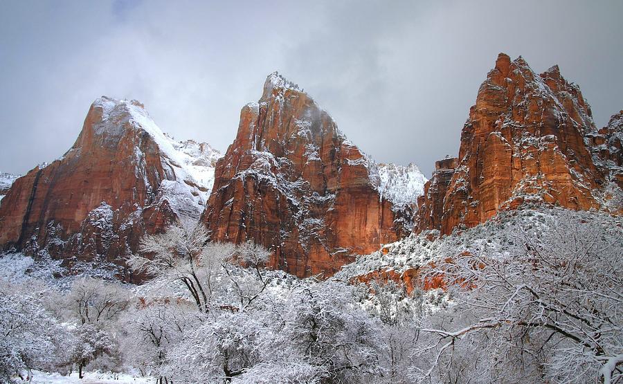 Court of the Patriarchs in snow at Zion National Park Photograph by Jetson Nguyen