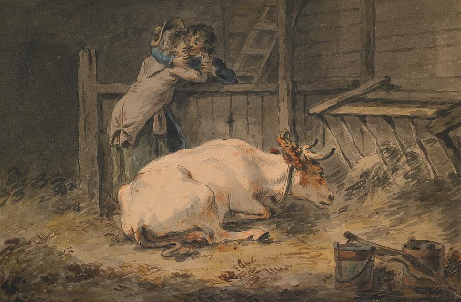 Courtship in a Cowshed Painting by Julius Caesar Ibbetson