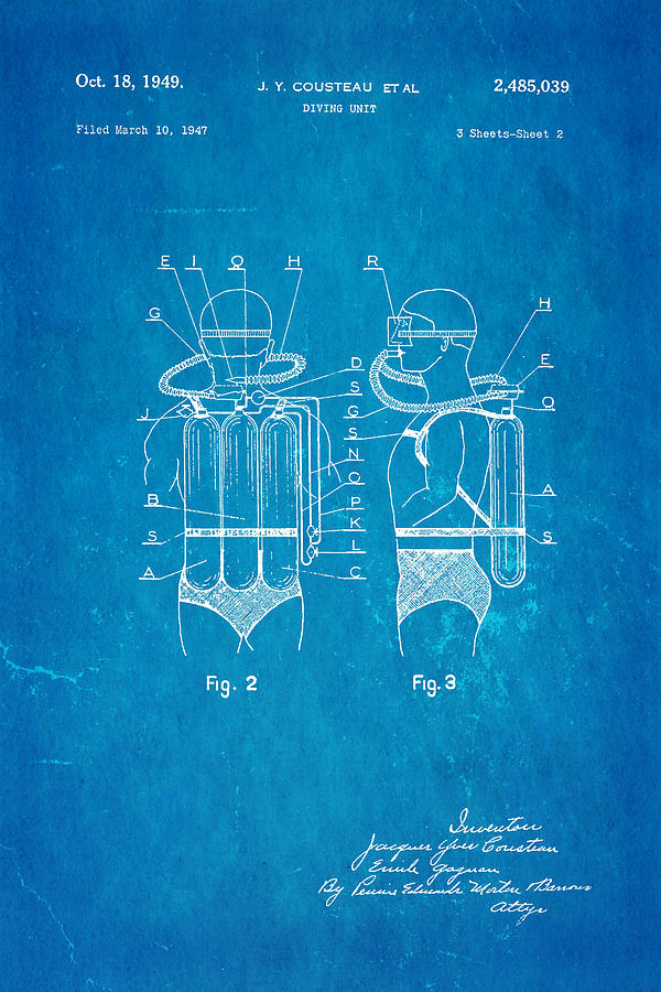 Vintage Photograph - Cousteau Diving Unit Patent Art 2 1949 Blueprint by Ian Monk