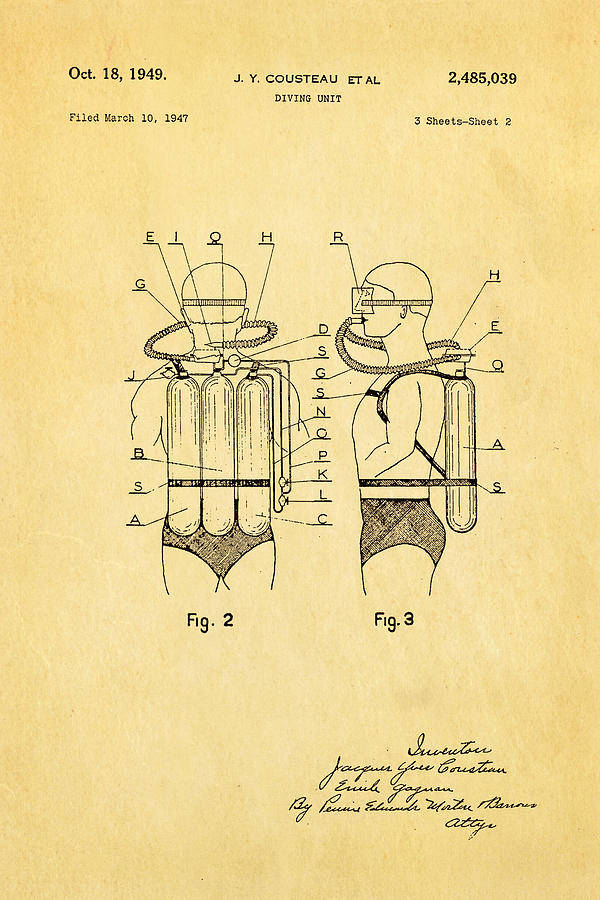 Vintage Photograph - Cousteau Diving Unit Patent Art  2 1949 by Ian Monk