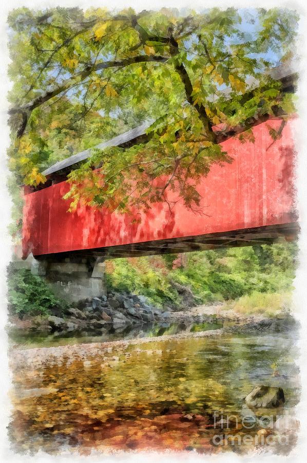 Bridge Photograph - Red Covered Bridge Watercolor 2 by Edward Fielding