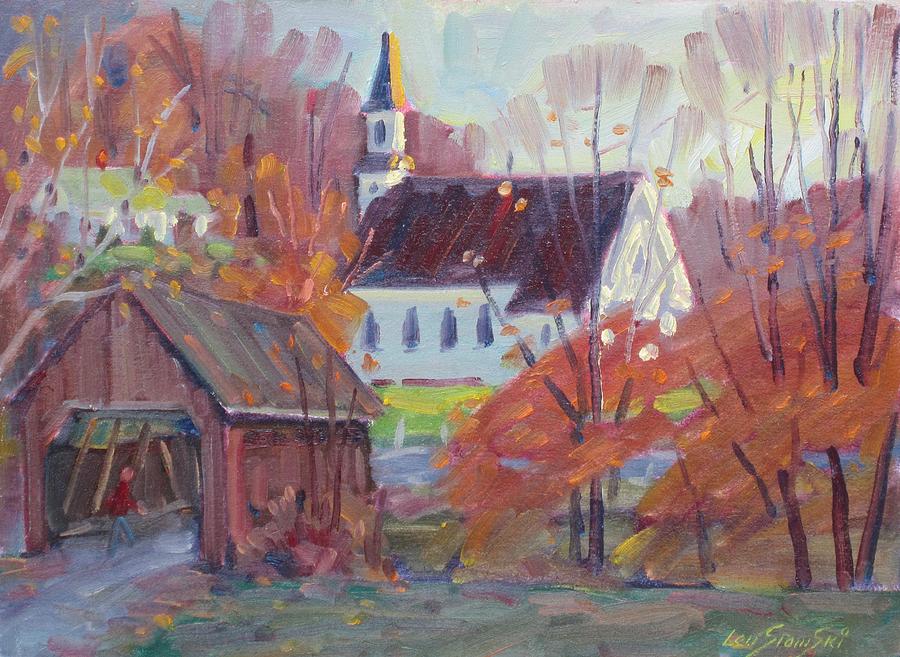 Covered Bridge in Autumn Painting by Len Stomski