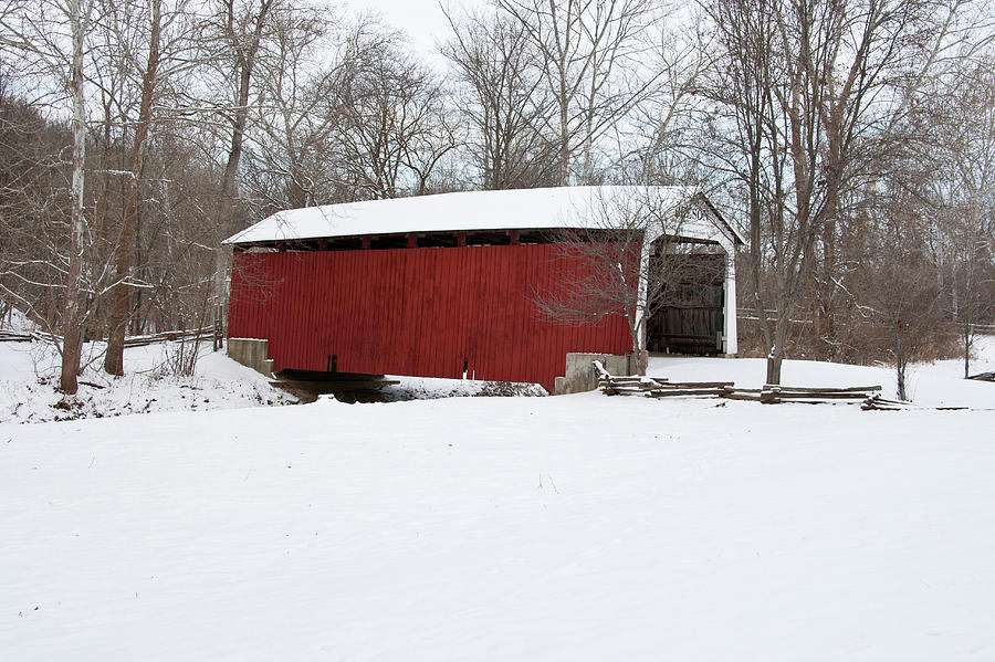 Covered Bridge In Snow Covered Forest Photograph by Panoramic Images