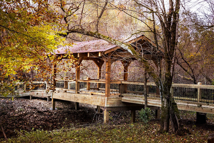 Barn Photograph - Covered Bridge on the River Walk by Debra and Dave Vanderlaan