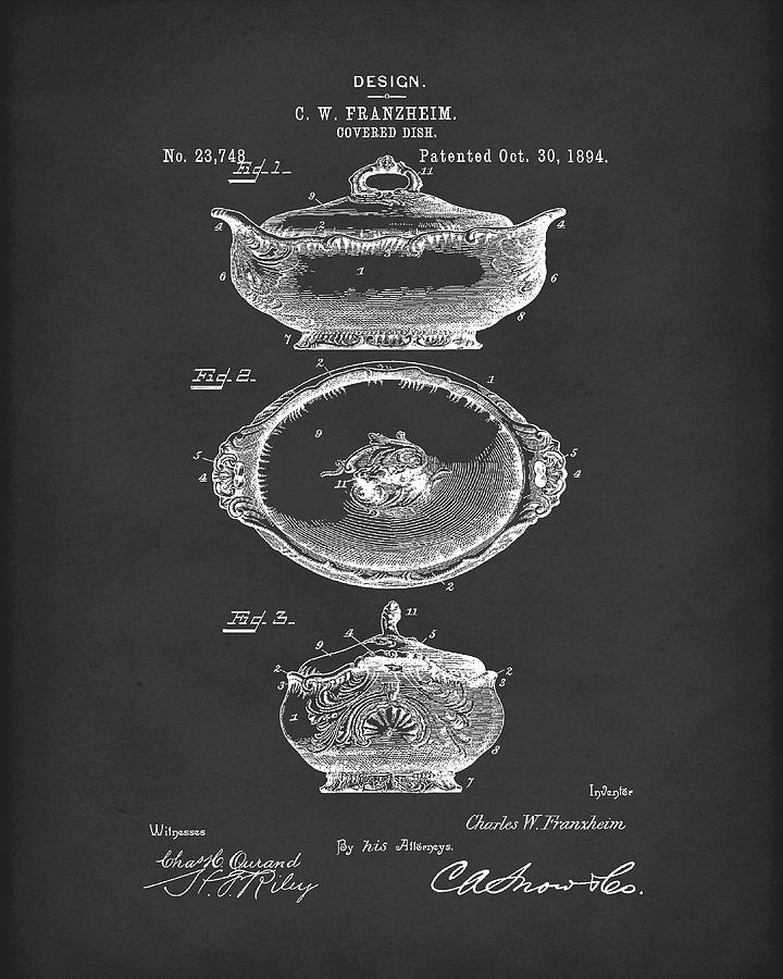 Covered Dish 1894 Patent Art Black Drawing by Prior Art Design