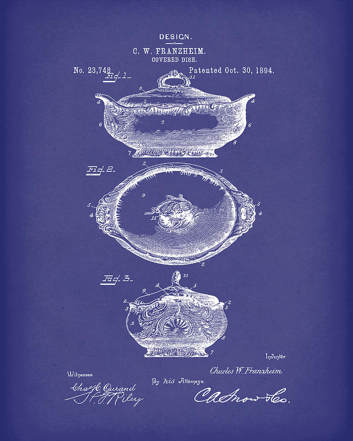 Covered Dish 1894 Patent Art Blue Drawing by Prior Art Design
