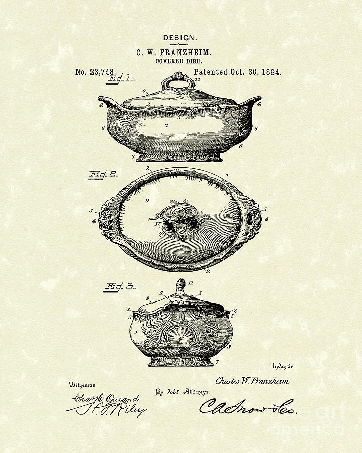 Covered Dish 1894 Patent Art Drawing by Prior Art Design