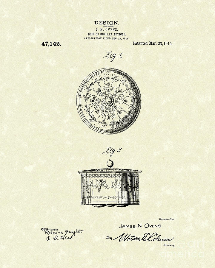 Covered Dish 1915 Patent Art Drawing by Prior Art Design