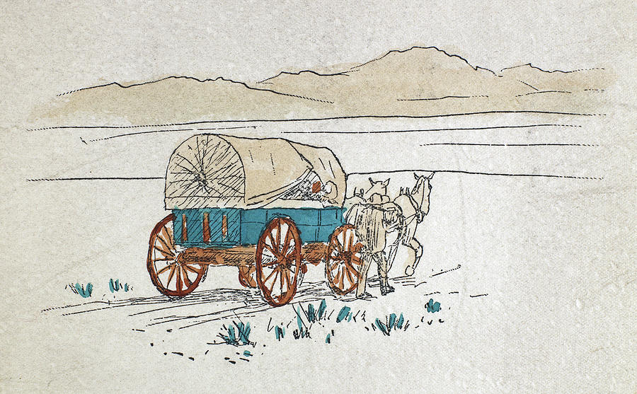 Pen and Ink Drawing of Wagon with Horses | Library of Congress