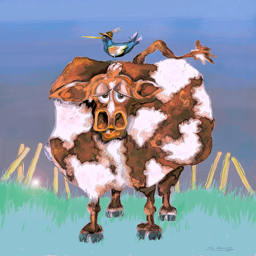 Cow Painting - Cow and Blue Bird by Shane Guinn