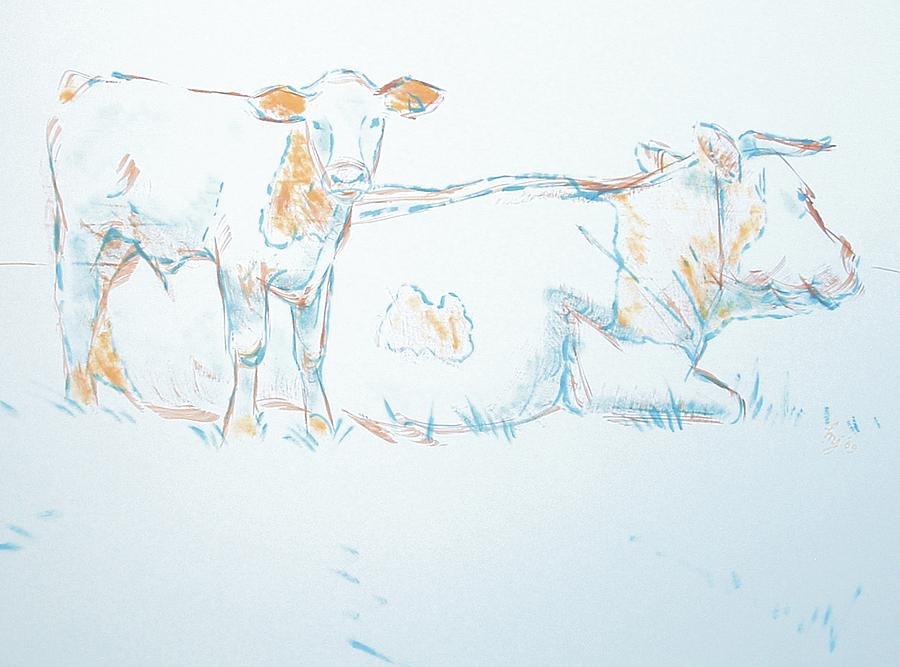 Cow and Calf Drawing Drawing by Mike Jory
